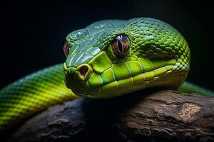 ai generato squisito vicino su di un' vivido verde serpente con grazia arrotolato su un' lussureggiante giungla albero ramo foto