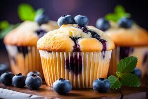 ai generato delizioso fatti in casa mirtillo muffin su sfocato sfondo con copia spazio per ricetta concetto foto