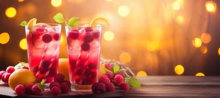 ai generato sognante bokeh fondale con all'aperto brunch, cocktail, frutta piatti, e luce del sole attraverso fogliame foto