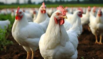 ai generato maestoso ecologico pollo su un' spazioso domestico azienda agricola con polli liberamente roaming a il fabbrica foto