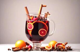 ai generato delizioso Natale caldo vin brulé vino con frutta e spezie su bianca sfondo foto