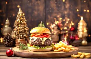 ai generato Natale succoso formaggio hamburger con patatine fritte su un' di legno sfondo foto
