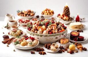 ai generato Natale festivo piatto assortimento su un' bianca sfondo foto