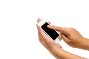 mano che tiene smart phone isolato su sfondo bianco foto