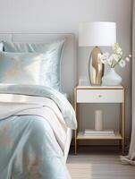 ai generato seta biancheria da letto su un' letto con un' comodino e lampada, delicato interno nel il stile di leggero oro e leggero azzurro. foto