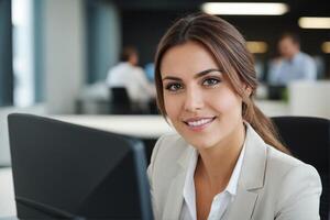 ai generato un' professionale attività commerciale donna sorridente a il telecamera, Lavorando su sua il computer portatile nel moderno ufficio foto