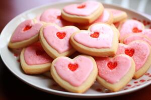 ai generato a forma di cuore biscotti su un' piatto con brillante rosa e rosso glassatura. San Valentino giorno concetto foto