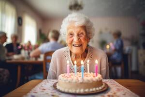 ai generato un anziano donna colpi su il candele su un' compleanno torta a sua casa foto