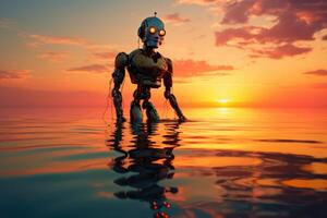 ai generato un' robot a partire dal il futuro passeggiate su acqua a tramonto. robotizzazione foto