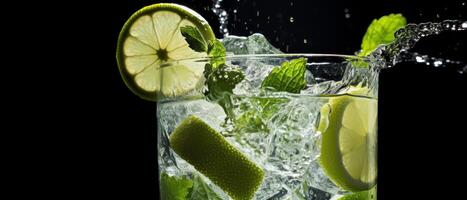 ai generato spruzzo in Mojito beatitudine, menta e lime freschezza. foto