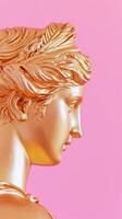 ai generato oro scultura di femmina testa su un' solido rosa sfondo. concetto di classico arte, scultura, d'oro statua, abilità artistica, eleganza, lusso arredamento. verticale formato foto