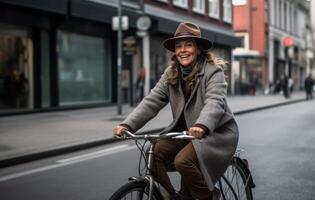 ai generato un' donna nel un' cappotto e cappello cavalcate un' bicicletta su strada città, pendolare stile di vita foto