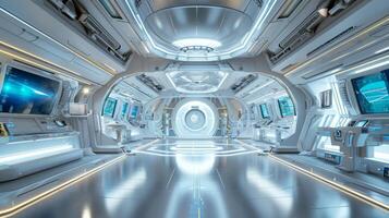 ai generato moderno futuristico minimalista design di un' navicella spaziale interno con un' moderno estetico. concetto di spazio viaggiare, futuro tecnologia, esplorazione, cosmico vita, e terra osservazione foto