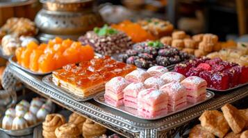 ai generato Schermo di vario mezzo orientale dolci piace baklava e Turco delizia, disposte elegantemente su un argento piatto, naturale illuminazione sottolineando il textures e colori. foto