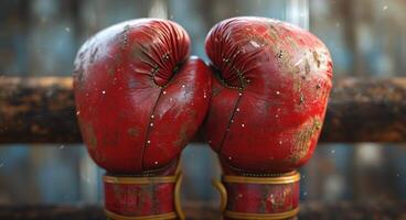 ai generato rosso boxe guanti sospeso su un' arrugginito corda con un' corroso metallo sfondo. concetto di resilienza nel gli sport, il passaggio di tempo nel atletico Ingranaggio, e il eredità di boxe foto