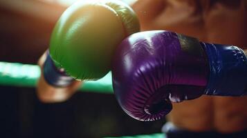 ai generato pugile indossare verde e viola boxe guanti, pronto per sciopero nel un' illuminato in modo caldo squillo. concetto di prontezza, gli sport sfida, e il contrasto di concorrenza foto