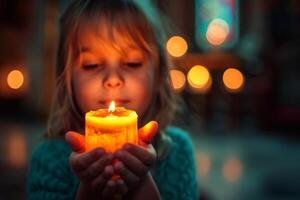 ai generato bambino Tenere nel mani raggiante candela con sfocato bokeh sfondo. copia spazio. ideale per vacanza temi, Pasqua celebrazioni, religioso, spirituale contenuto, o candela sicurezza consapevolezza. foto