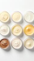 ai generato varietà di biologico cosmetico creme per pelle cura nel Aperto barattoli su un' bianca sfondo. superiore Visualizza. concetto di cura della pelle varietà, cosmetici assortimento, e bellezza Prodotto Schermo. verticale foto