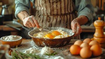 ai generato mani sbattere uova con Farina nel un' rustico cucina ambientazione. concetto di fatti in casa cucinando, cottura al forno ingredienti preparazione, rustico cucina ambiente, e mani su culinario attività foto