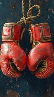 ai generato Vintage ▾ rosso boxe guanti con pelle cinghie sospeso su scuro, afflitto sfondo. concetto di tradizionale boxe, storico gli sport attrezzatura, e il duraturo spirito di boxe foto