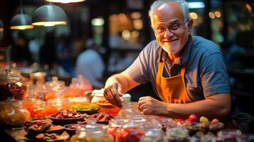 ai generato un' strada venditore, allegro anziano uomo, nel orientale mercato, offerta selezione di fatti in casa dolci e prelibatezze. vivace vivace atmosfera. concetto di Locale mercato commercio, foto