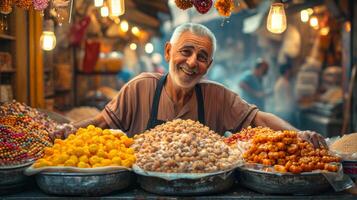 ai generato strada venditore, allegro anziano uomo, nel orientale mercato, offerta selezione di fatti in casa dolci e prelibatezze. vivace e vivace atmosfera. concetto di Locale mercato commercio, foto