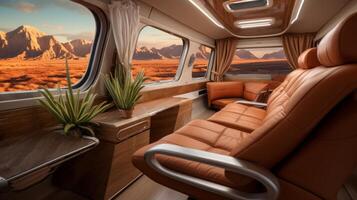ai generato moderno camper interno con pelle sedie e grande finestre. concetto di lusso viaggiare, strada viaggi, e fascia alta camper furgoni foto