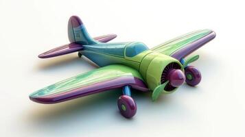 ai generato futuristico verde viola giocattolo aereo isolato su un' bianca sfondo. concetto di bambini amichevole giocattoli, aviazione giocattoli, giocoso disegni, e luminosa colori. foto