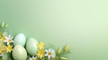 ai generato telaio sfondo con Pasqua dipinto uova con fiori su leggero verde sfondo. bandiera con copia spazio. grande per Pasqua promozione, primavera evento, vacanza saluto, annuncio. foto