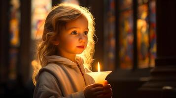 ai generato bambino Tenere un' illuminato candela con soggezione nel occhi, nel un' Chiesa. leggero getto un' morbido splendore su il suo viso. con copia spazio. adatto per Pasqua festivo celebrazioni, religioso evento programmi, foto