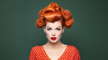 ai generato testa Rossa donna con styled capelli con vittoria rotoli nel Vintage ▾ moda stile. per uso nel bellezza tutorial, retrò moda si diffonde, capelli messa in piega guide e trucco arte. foto