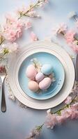 ai generato superiore Visualizza di Pasqua cenare tavolo ambientazione con piatti, pastello uova, fiori. blu e rosa colori. ideale per stile di vita soddisfare e rivista si diffonde focalizzata su di stagione celebrazioni e desi foto