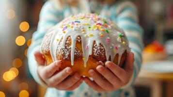 ai generato bambino Tenere nel mani Pasqua torta kulich decorato con bianca gocciolante glassatura e colorato spruzzatori. sfocato sfondo. ideale per forno Annunci, vacanza Pasqua contenuto, o ricetta blog foto