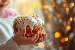 ai generato ragazzo Tenere nel mani Pasqua torta kulich decorato con bianca gocciolante glassatura, colorato spruzzatori e ardente candela. bandiera con copia spazio. sfocato sfondo. ideale per vacanza foto