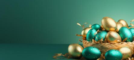 ai generato oro e Smeraldo Pasqua uova nel cestino, su ricco verde sfondo. bandiera con copia spazio. per raffinato Pasqua evento promozioni e fascia alta primavera arredamento, simboleggiante ricchezza foto