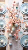 ai generato superiore Visualizza di Pasqua cenare tavolo ambientazione con piatti, pastello uova, fiori. blu e rosa colori. ideale per stile di vita soddisfare e rivista si diffonde focalizzata su di stagione celebrazioni foto