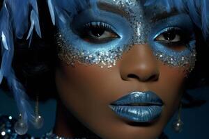 ai generato giovane africano americano donna con luminosa trucco nel blu masquerade maschera. vicino su. concetto per mascherata, vacanza e aziendale festa. ideale per moda, evento promozioni foto