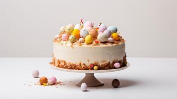 ai generato Pasqua celebrazione torta ornato con colorato uova su leggero sfondo. può essere Usato nel di stagione Pasticcino promozioni, cibo blog. foto