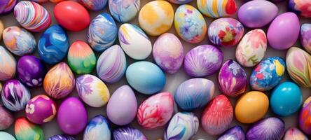 ai generato colorato collezione di decorato Pasqua uova, strettamente confezionato, vetrine un' gamma di modelli e tonalità. superiore Visualizza. copia spazio. adatto per Pasqua evento promozioni o creativo progetti. foto