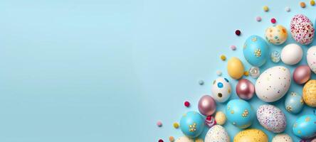 ai generato multicolore Pasqua uova con vario modelli, circondato di luminosa coriandoli su blu sfondo. ideale per vacanza decorazione, Pasqua vendita annuncio, evento annuncio. bandiera foto