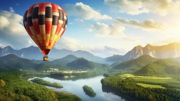 ai generato multicolore Palloncino Soaring nel il cielo al di sopra di montagne. ideale per natura, avventura, e viaggio temi. bandiera con copia spazio foto