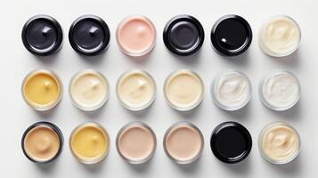 ai generato varietà di cosmetico creme nel Aperto barattoli su un' bianca sfondo, Perfetto per cura della pelle annunci. superiore Visualizza. foto