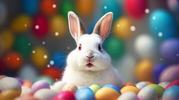 ai generato bianca coniglio con un' sorpreso espressione tra colorato Pasqua uova. ideale per a tema festivo promozioni e primavera evento decorazioni. Pasqua coniglietto. foto