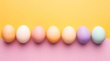 ai generato superiore Visualizza di Pasqua dipinto colorato uova nel riga su giallo rosa pendenza sfondo. bandiera con copia spazio. ideale per Pasqua promozione, primavera evento, vacanza saluto, annuncio, foto