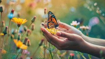 ai generato vivace farfalla su un' umano mani contro un' fondale di sfocato fiori campo. bandiera con copia spazio. ideale per temi di natura, bellezza, e la tranquillità foto