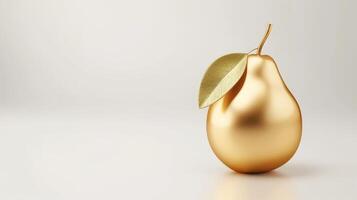 ai generato d'oro Pera fatto di oro su un' bianca sfondo, adatto per minimalista design o premio Prodotto illustrazione, sottolineando valore e eleganza. gioielleria frutta. bandiera con copia spazio. foto