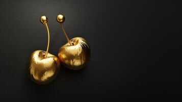 ai generato brillante d'oro ciliegie fatto di oro su nero sfondo, Perfetto per opulento arredamento temi, annunci, e artistico rappresentazioni di ricchezza o indulgere. bandiera con copia spazio. foto