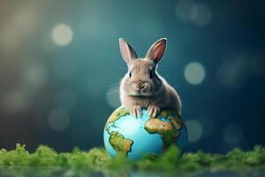ai generato coniglio proteggere il globo foto