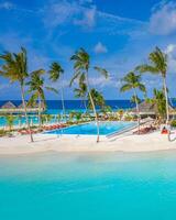 aereo Visualizza di ombrelli letto con infinito piscina su sabbioso spiaggia di indiano oceano. estate vacanza nel Maldive. tropicale paesaggio calma onde palma alberi, bianca sabbia, blu mare baia. lusso aereo viaggio foto