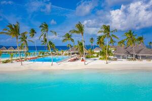 aereo Visualizza di ombrelli letto con infinito piscina su sabbioso spiaggia di indiano oceano. estate vacanza nel Maldive. tropicale paesaggio calma onde palma alberi, bianca sabbia, blu mare baia. lusso aereo viaggio foto